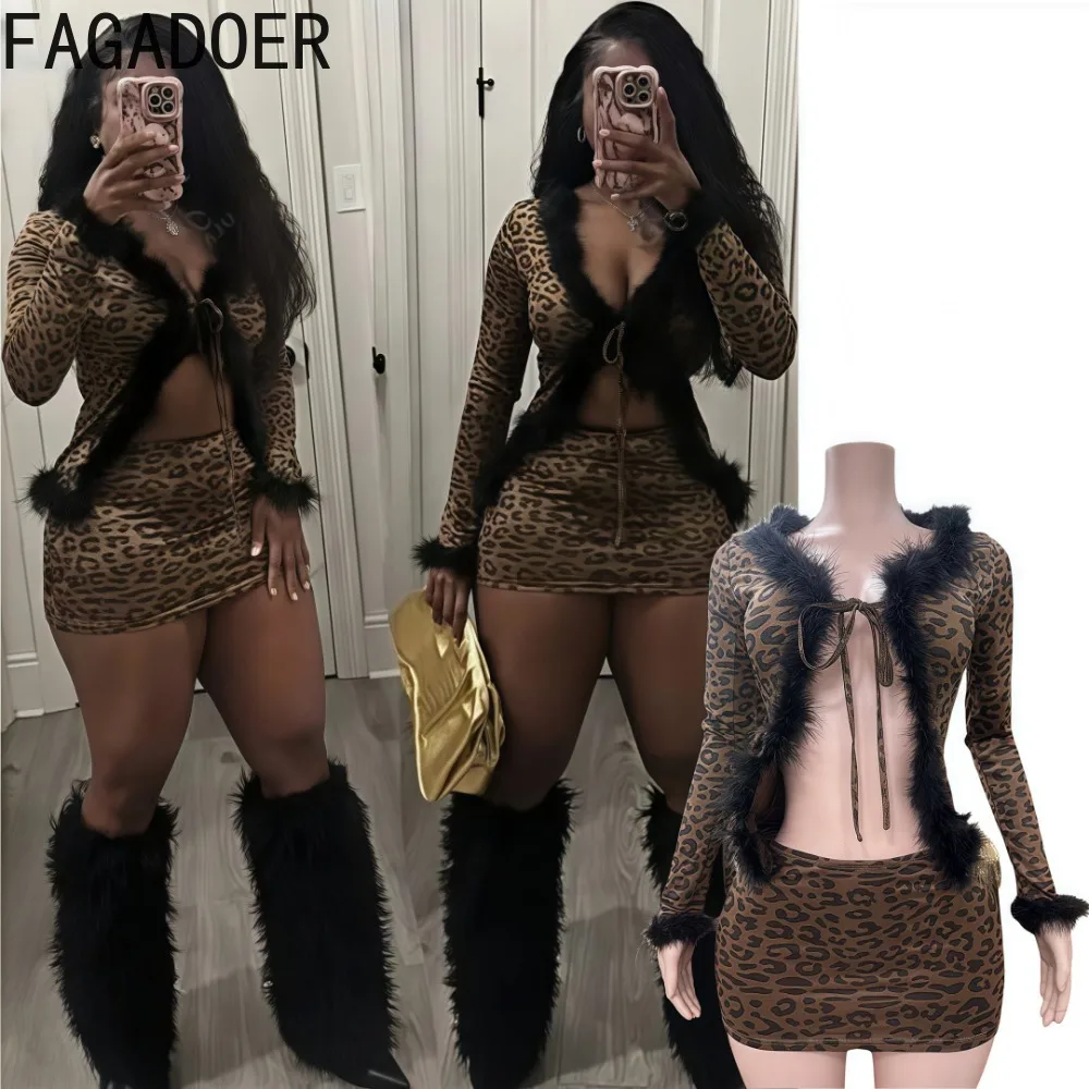 FAGADOER Leopard Print Sexy Two Piece Set for Women Lace Up Fur Patchwork Crop Top+Mini Skirt Suit Female Streetwear Spring New