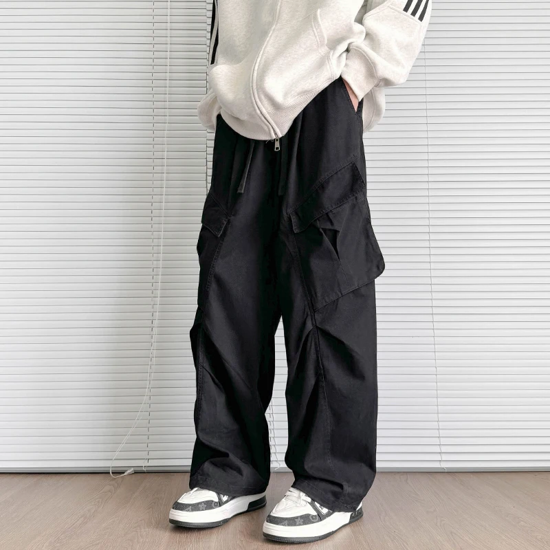 Autumn Winter Men Cargo Pants Cotton Straight Pleated Black Beige Long Trousers Oversized  Wide Leg Hip-hop Casual Pants