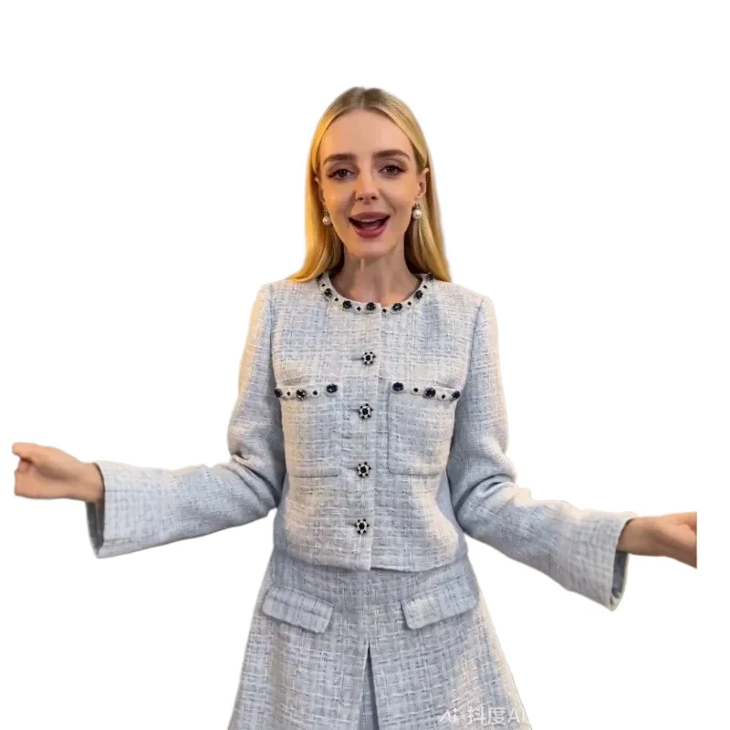 2026 Spring New Light Blue Niche Short Skirt Set Women's French Small Fragrant Wind Bead Long-sleeved Top Temperament Commuting