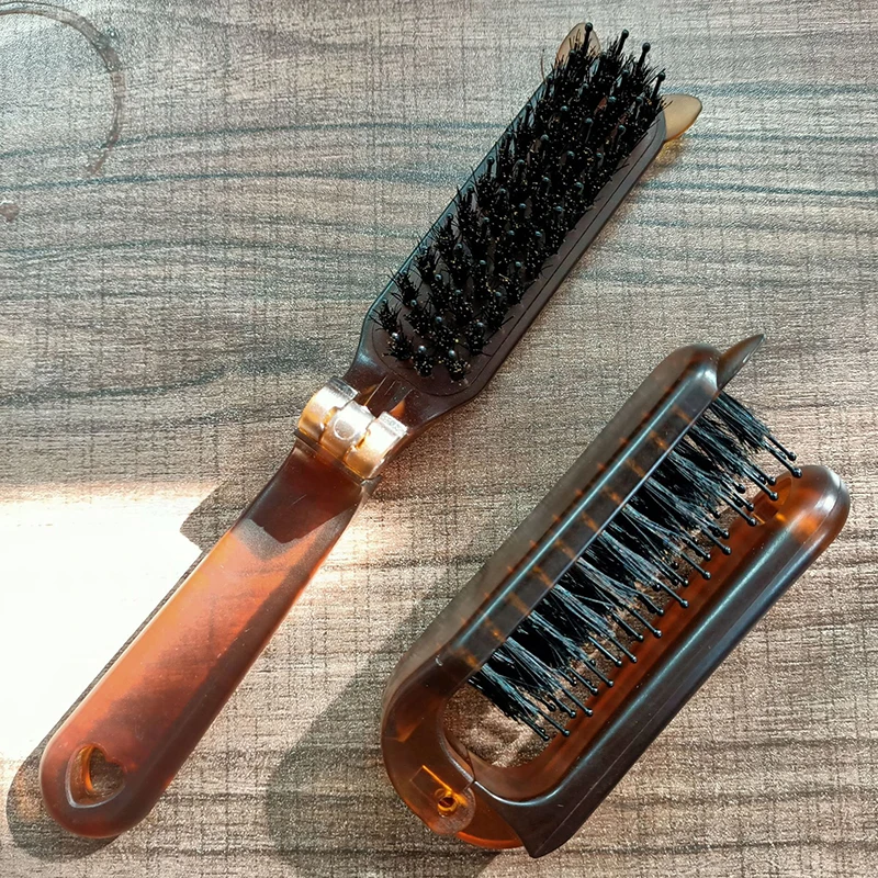 

Z. Cat Ear Boar Bristle Hair Brush Amber Foldable Portable Comb Pocket Collapsible Travel Massage Styling Tool Salon Gift New