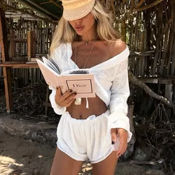 Home Cardigan Lace Up Beach Shorts Suit Spring and Summer Women Sexy Loose Soft Micro Perspective Top Mushroom Edge Shorts Set