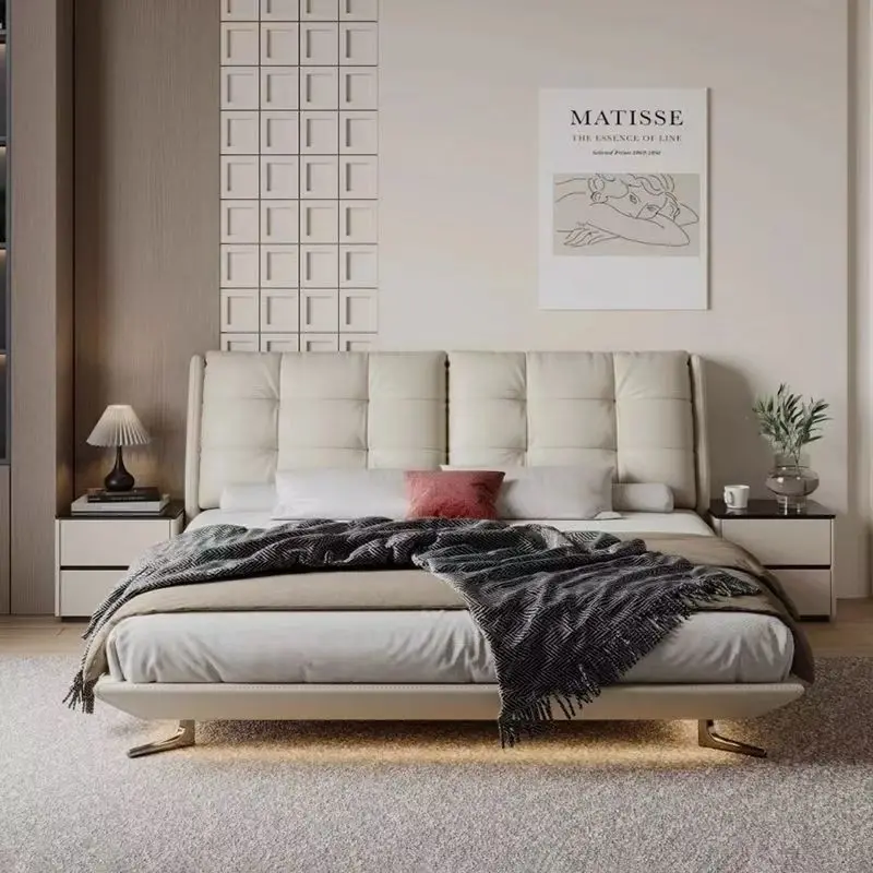 

&*Italian Minimalist Leather Bed Master Bedroom 1.8-meter King Size Hotel Soft Leather Bed Upholstered Bed Set With Nightstands