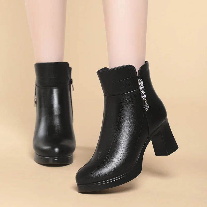 

7cm 9cm Elegant Women's Shoes Soft Leather Boots Autumn Winter 2025 Block High Heel Warm Plush Ankle Boots for Office Mom Daily