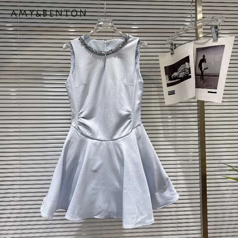 

Heavy Industry Nail Bead Collar Edge Women's Fluffy Vest Dress 2026 Summer New Light Blue Temperament Sleeveless Dress Ladies