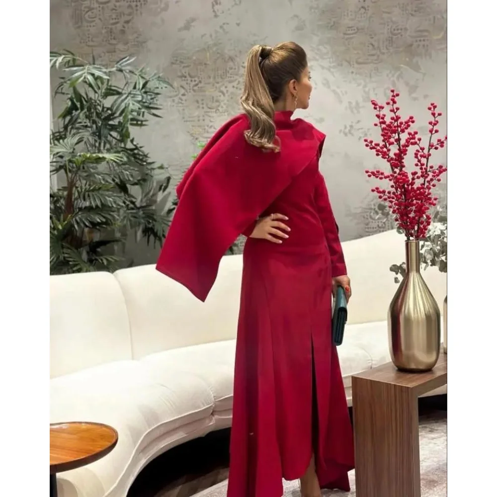 

Red Evening Dresses Customized Long Sleeves Pleated Jersey Mermaid Evening Gowns Ankle Length Formal Party Dress 2025