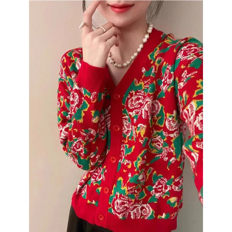 Ladies Trend Fashion Floral V-neck Long Sleeve Knitting Cardigan Women Clothes Vintage Buttons Slim Sweater Coat Autumn Top Tee