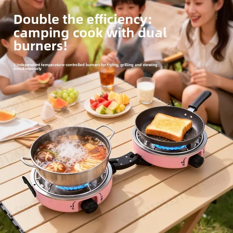 Shell Design Pink Cassette Stove, Double Burner Portable Folding Camping Gas Burner for Picnic