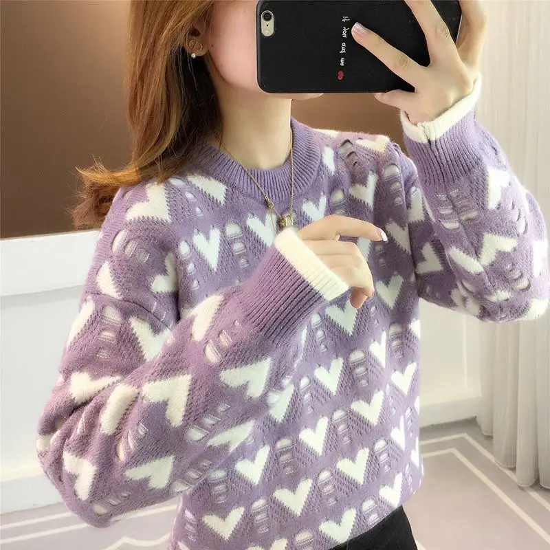 Autumn Winter Clothes New Crew Neck Fashion Trend Geometric Long Sleeve Pullovers Thickening/thin Loose Knitted Women\'s Sweaters