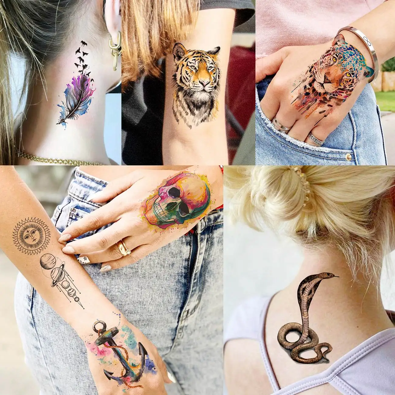 Tatuajes temporales de Tigre, León y búho para hombres y mujeres, pegatina de tatuaje realista, esqueleto, flor, Kits de tatuajes falsos, 31 hojas