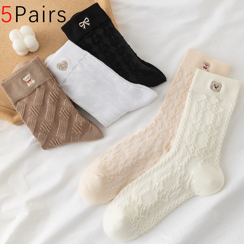 5 Pairs Kawaii Japanese Embroidery Cotton Socks Women Embossed Prints Mid-Calf Socks Lightweight Stretchy for Office/Streetwear