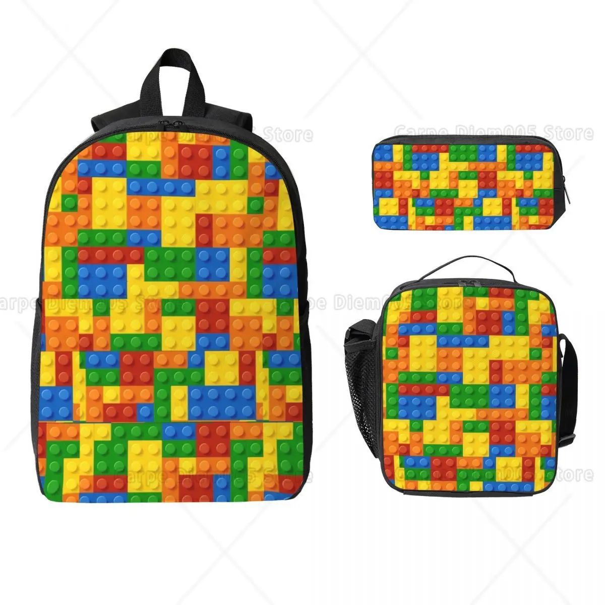 Blocks Colorful Fun Pattern Backpack Set for Boys Girls Pen Bags Backpack Sets with Lunch Box Back To School Students Laptop