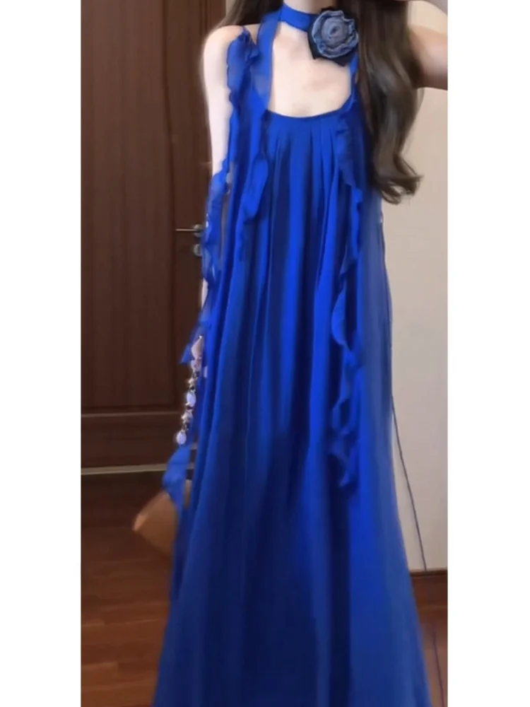 

XZY Ele плюс размер синий ремешок Dr женский летний Vaion Sle длинное платье повседневная бальная юбка трапециевидной формы из полиэфирного волокна