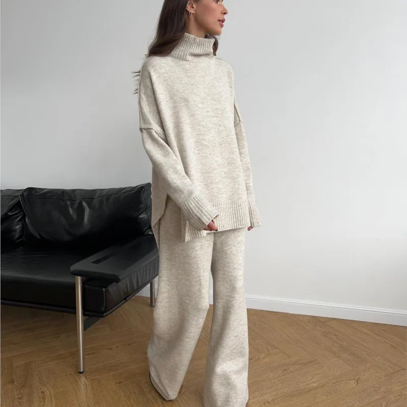 Turtleneck Sweater Suit For Women European And American Autumn And Winter New Loose Casual Lazy Thickened Knitted Trousers Suit