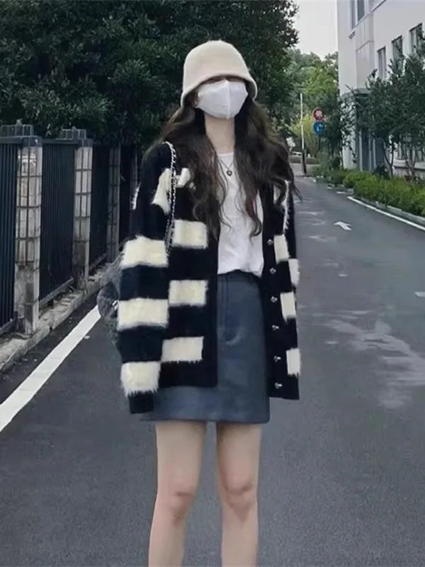 

Lu Thiened, мягкий вязаный кардиган в полоску, женский свитер с имитацией меха кролика, пальто с v-образным вырезом, длинный свек, осень...