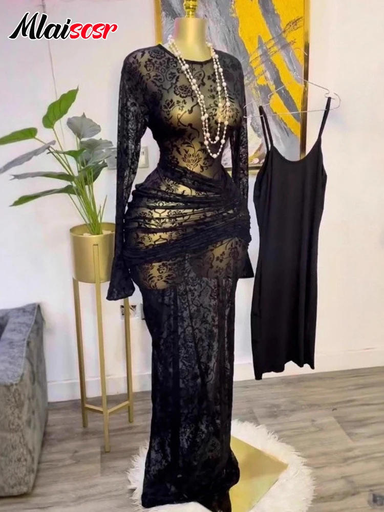 Mlaiscsr 花柄 アフリカ風 長袖 メッシュ重ね着 シースルー 裏地付き ボディコン ロングドレス レディース ブラック イブニング ラグジュアリー セクシー ローブ