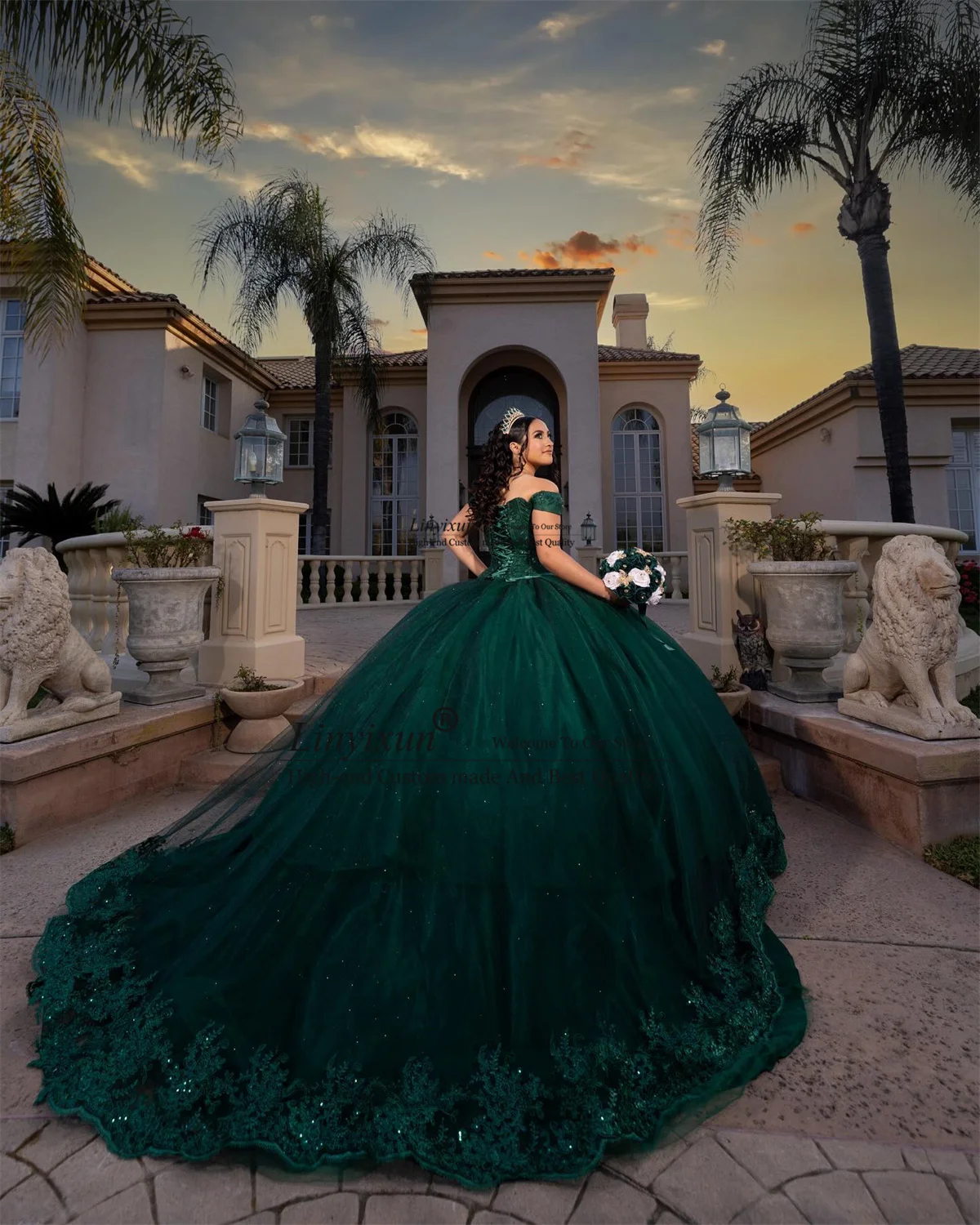 Vestido De quinceañera verde con Apliques De encaje y lentejuelas, vestido De fiesta con hombros descubiertos, 15 y 16 años