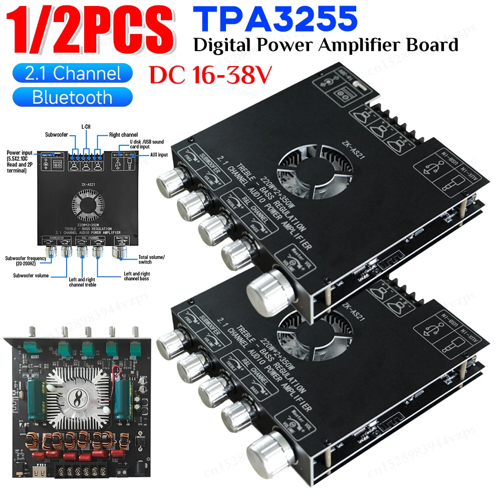 1/2Pc ZK-AS21 TPA3255 Bluetooth 5.1 Digital Power Amplifier Board Module 2.1 Channel High And Low Tone Subwoofer 220WX2+350W