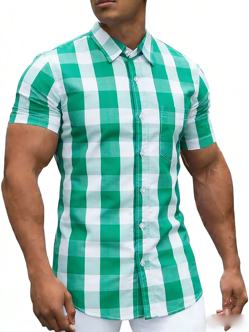 Men's Plus Short Sleeve Shirt Colorful Plaid High Definition Printed White Shirt Hawaiian Outdoor Business Social Men's Clothing