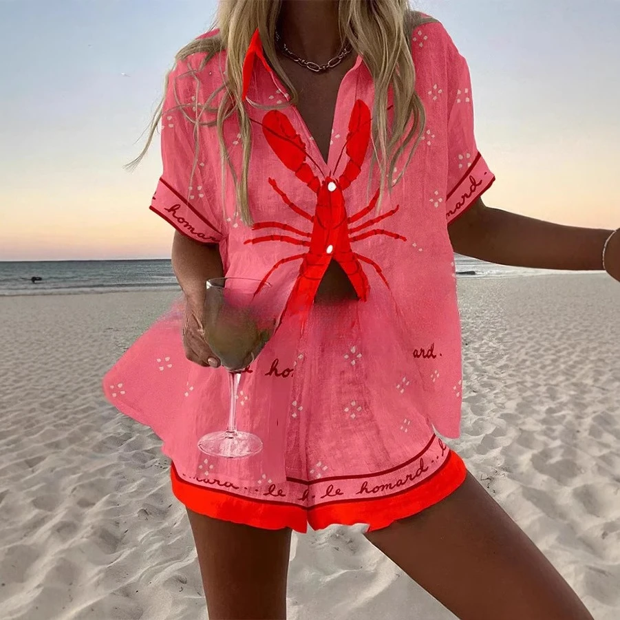 

2025 Summer New Women's Cotton and Hemp Printed Loose Button Shirt Elastic Waist Shorts Set