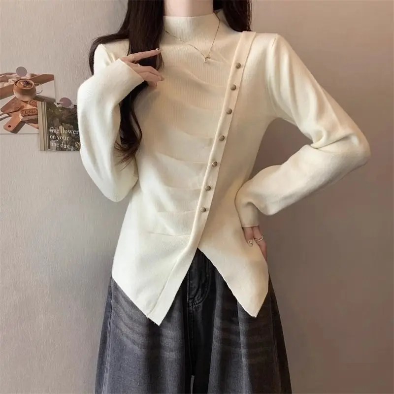 Casual Half High Collar T-shirt Autumn Winter Fashion Irregular Folds Female Clothing Solid Color Basic Spliced Button Pullovers