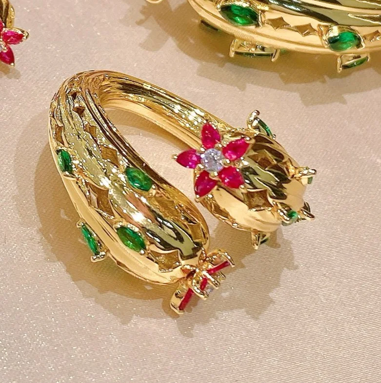 925 Silver Lab Red Corundum Green Emerald Gemstone The Desert Flower of Cacti Cuff Bangle Hoop Earrings Open Rings Jewelry Set - view 6