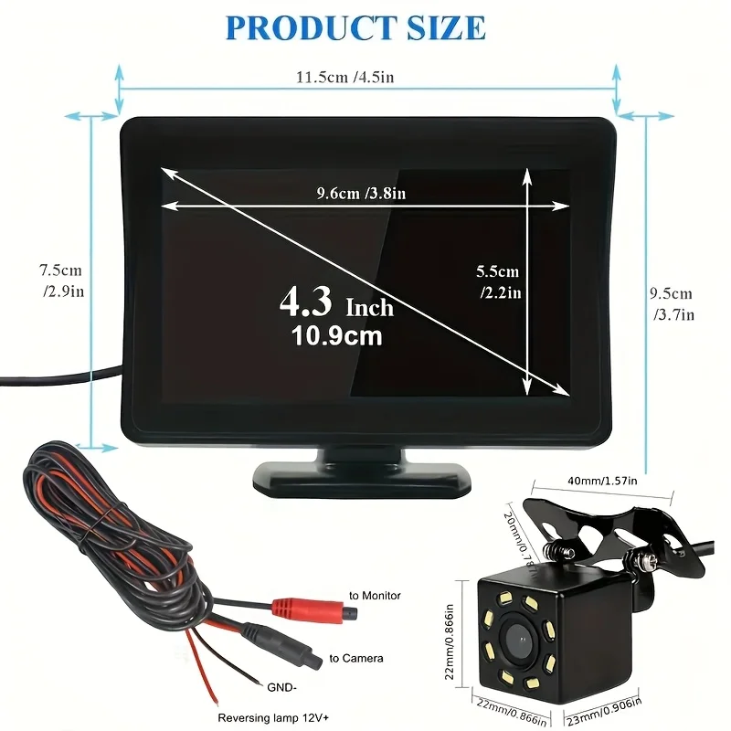 10.92cm Rearview Backup Camera with 8- System, Hardwired 12V/24V/36V Power, Easy Install Car Parking Aid