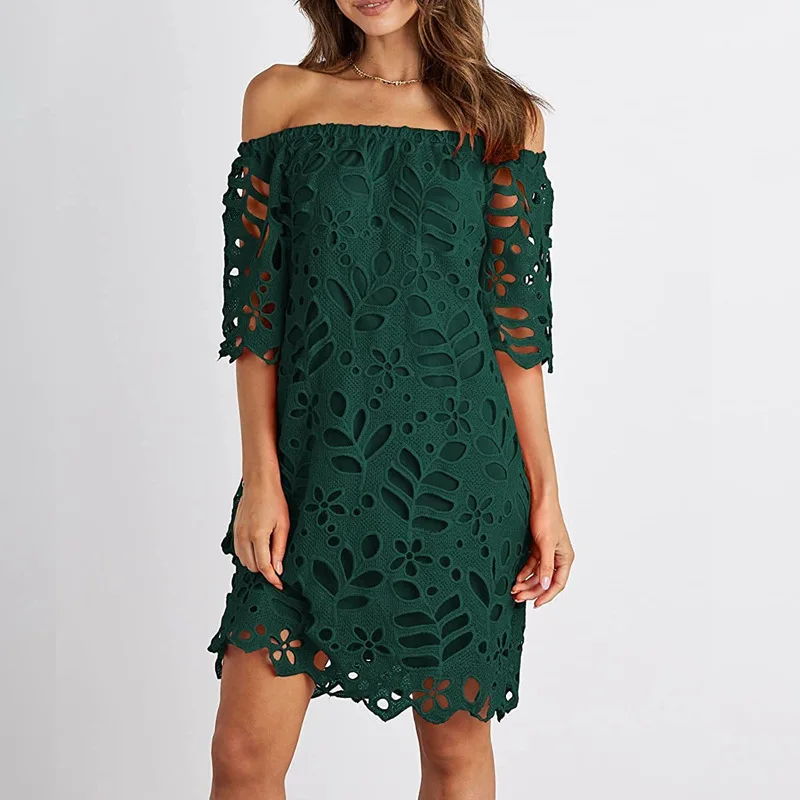 Spring Summer Commute Elegant Lace Dress For Women Sexy Mid-sleeved Off-shoulder Short Dresses Fashion Solid Color Party Dress