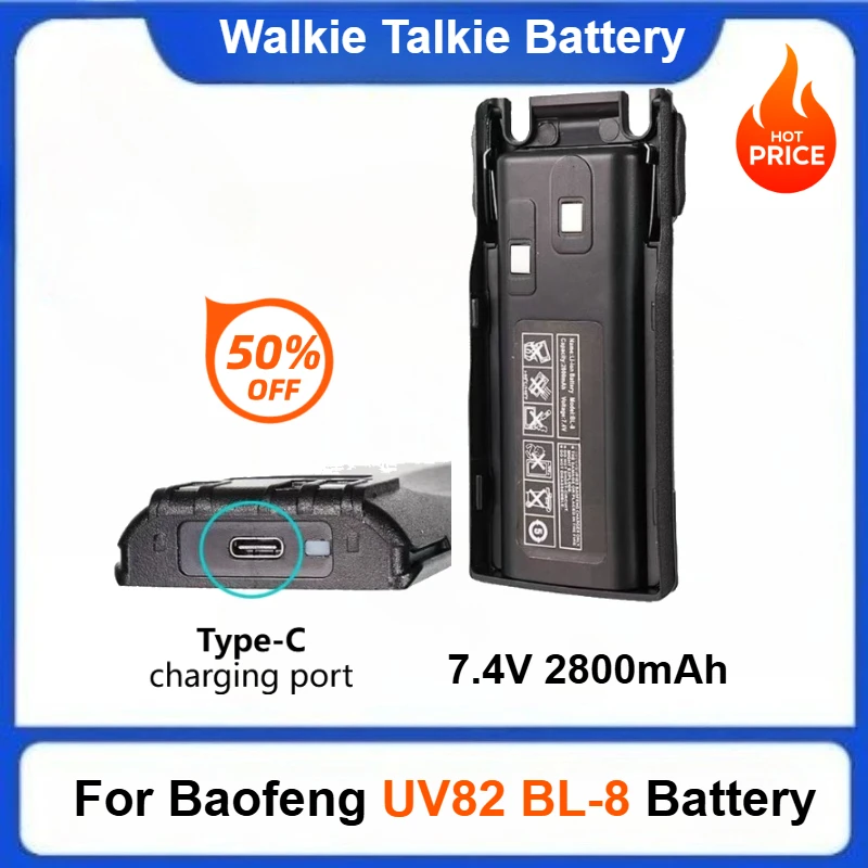 2800mAh for Baofeng UV82 BL-8 Battery Type-C Charger for UV82 Plus UV-8D UV-82WX UV-89 Rechargeable Walkie Talkie Batteries