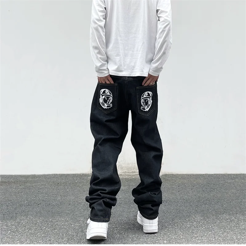 Hip Hop Flying Dog Print Jeans for Men High Street Straight Loose Wide leg Pants Fashion Baggy Trousers Male Y2K Luxury Denim