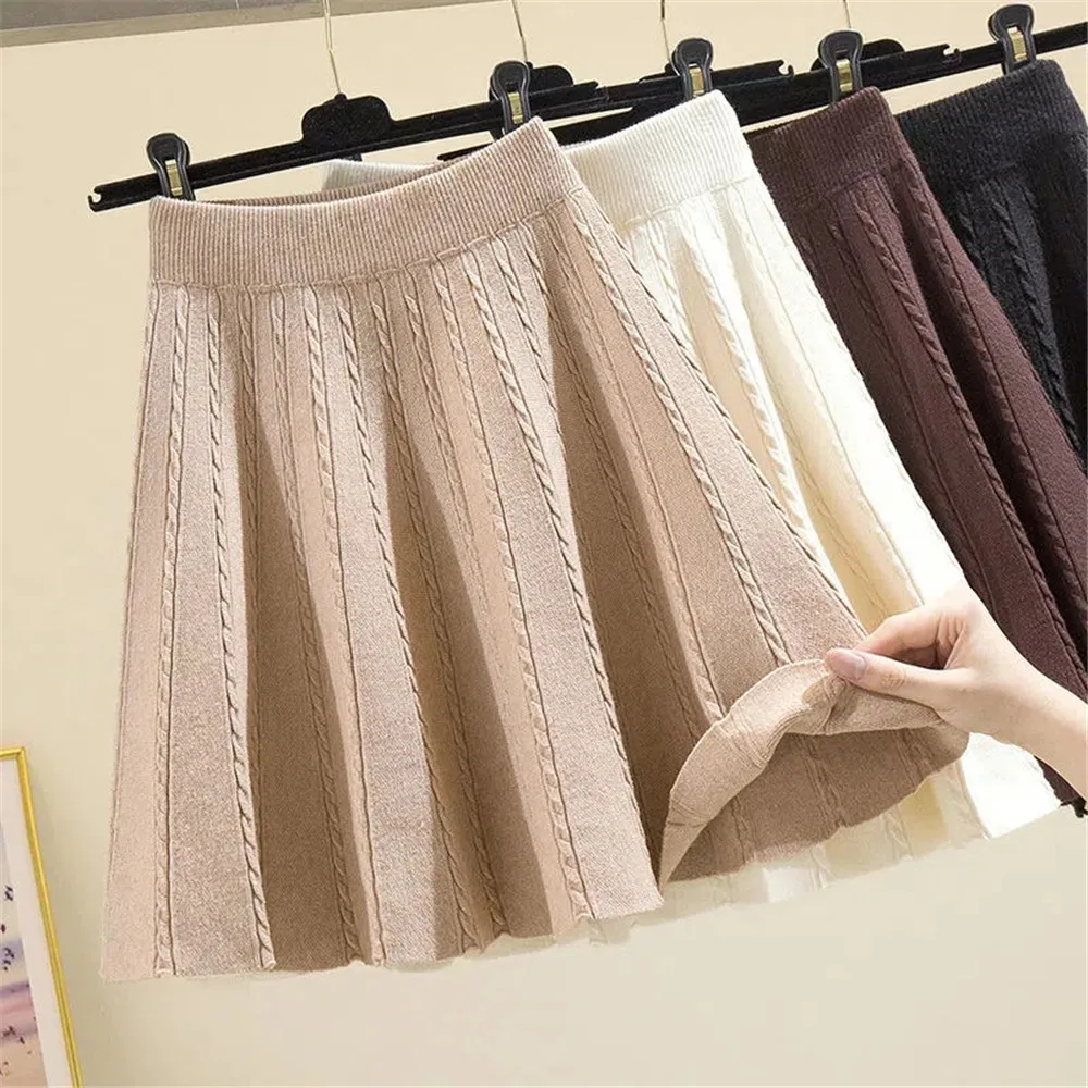 Winter Warm Knit Pleated Short Skirt Women Elastic High Waist Sweater Skirts Autumn Solid Elastic Knitting Ribbed Mini Skirt