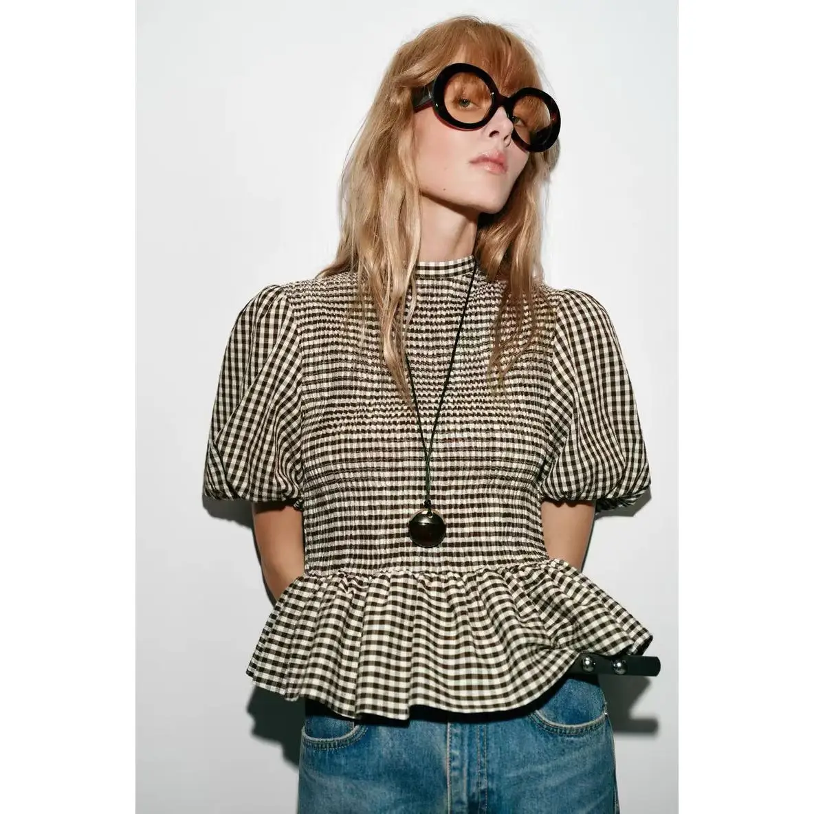 Women's Bubble Sleeve Short Sleeve Small Grid Pattern Honeycomb Top Fashionable European Style Skin-friendly Breathable T-shirt