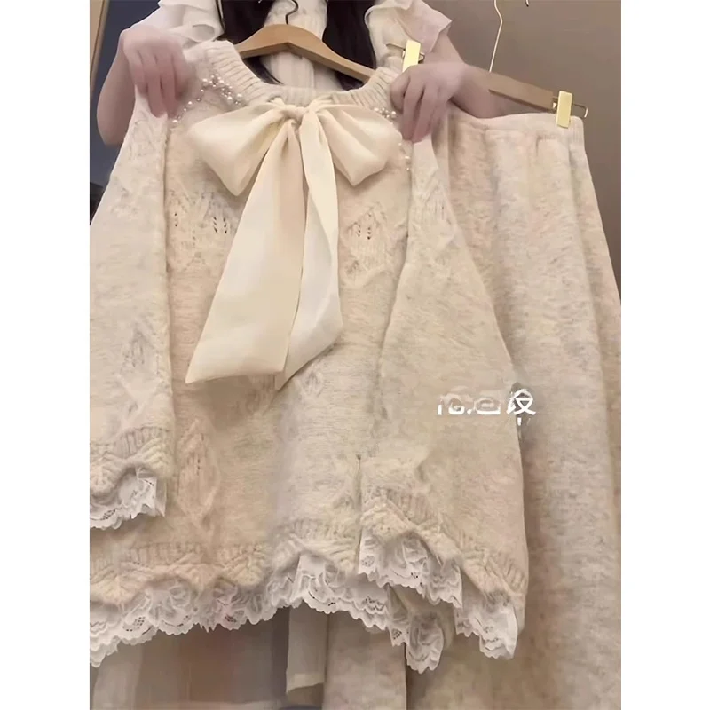 

Женский осенне-зимний свободный вязаный свитер и юбка с высокой талией, комплект из двух предметов с кружевной деталью с узлом