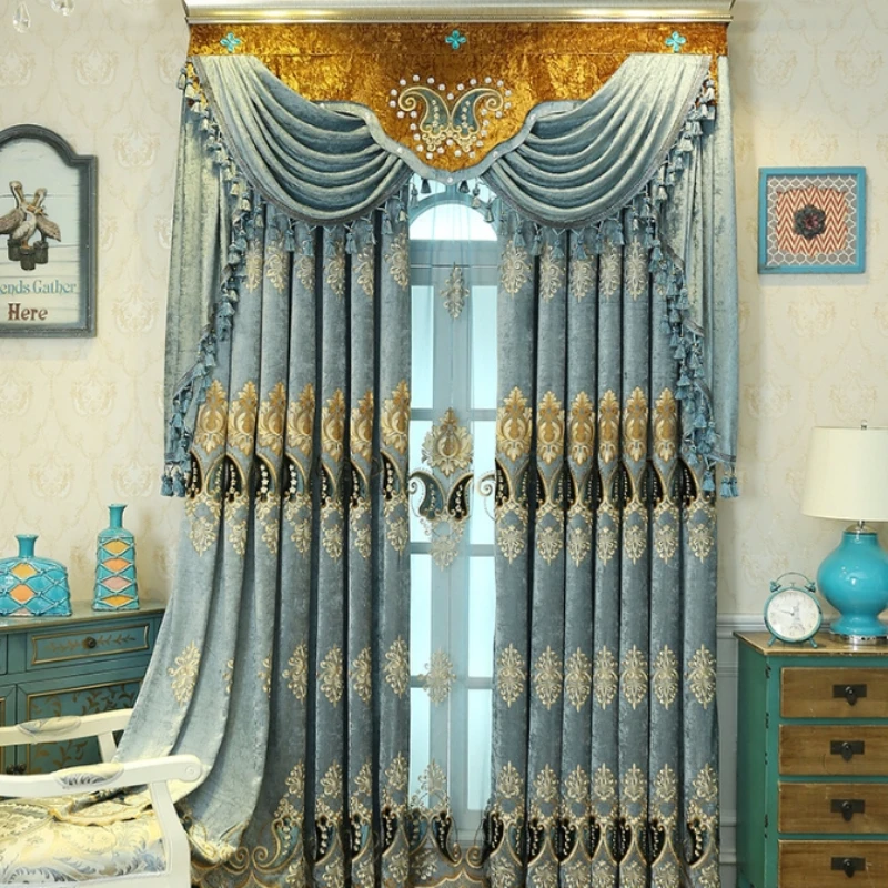 

European Chenille Blue Customized Luxury Blackout Curtains for Living Dining Room Bedroom Comfortable High End Embroidered