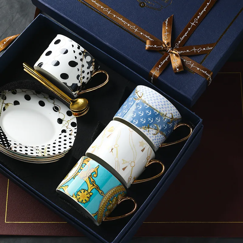 

British Style Luxury Moroccan Coffee Cup Saucer Spoon Gift box Set Ceramic Mug Porcelain Simple Tea Cup Sets Kitchen Drinkware