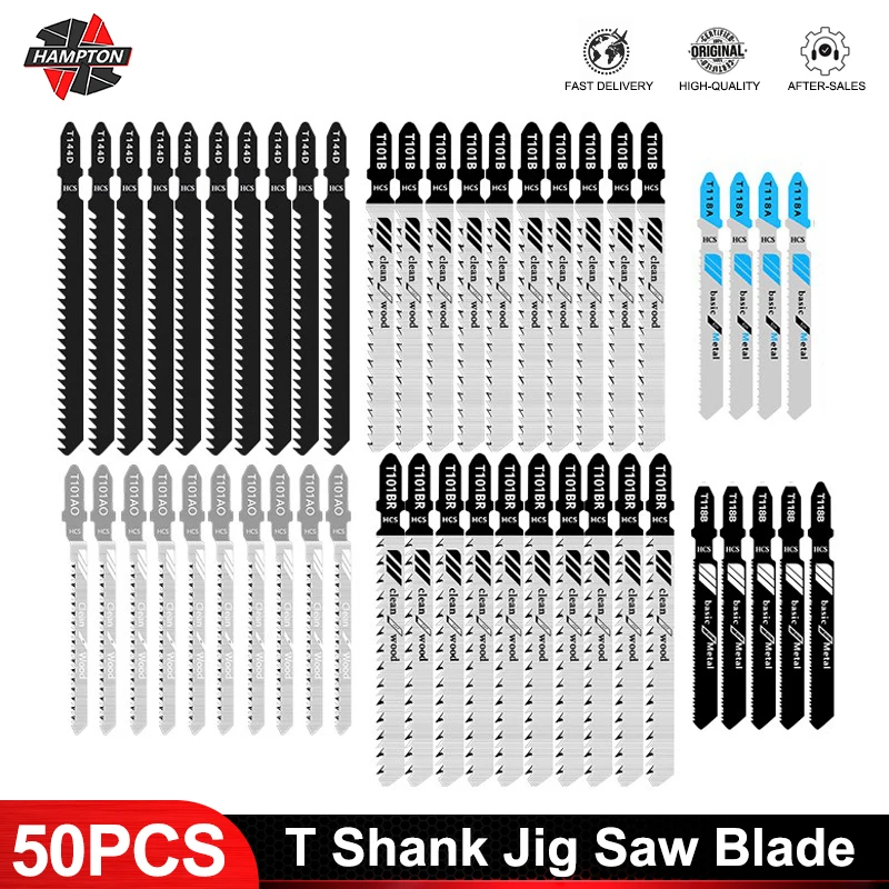 HAMPTON 50pcs Jig Saw Blade T Shank Saw Blade for Wood Metal Cutting Tool HCS Steel Saw Blade Jigsaw Blades 