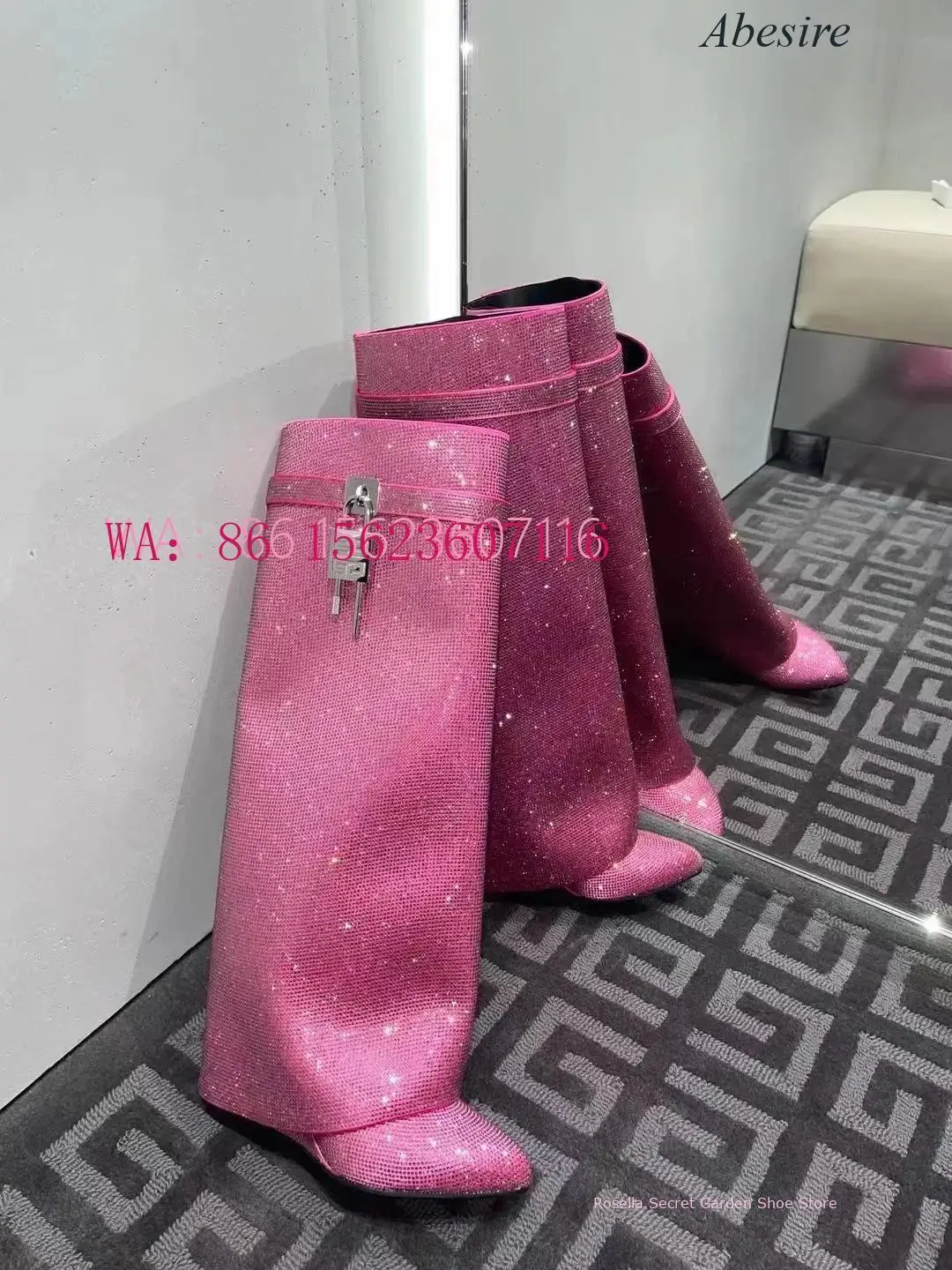 New Round Toe Wedge Heel Super High Heel Embellished with Rhinestones Knee-High Boots Trousers Boots High Boots Women's Boots