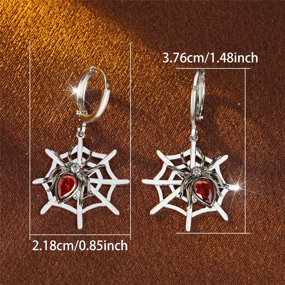 Crystal Female Red Zircon Stone Spider Hoop Earrings Vintage Fashion Silver Color Halloween Wedding Jewelry For Women