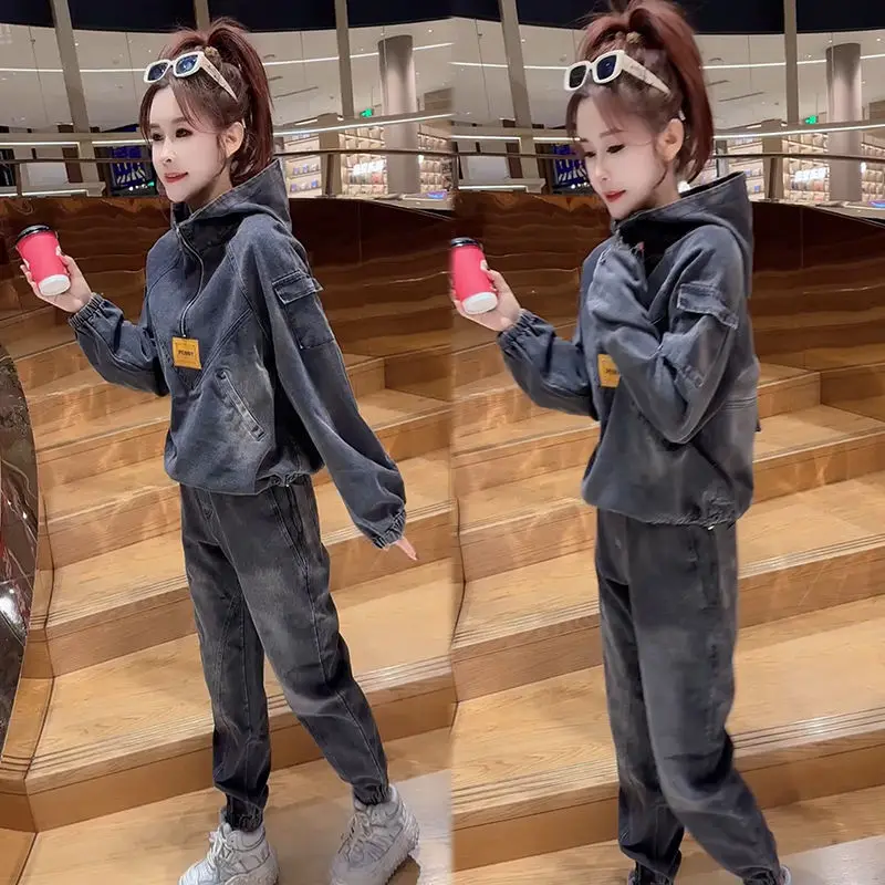 

Women autumn new 2025 retro half zip hoodie casual drawstring pants denim fashion street casual simple two-piece set