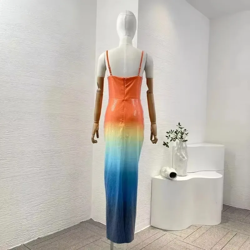 High Quality Women's Orange Blue Rainbow Color Blocking Sleeveless Sea Star Women Midi Dress  2024 New Fashion Ladies Clothing