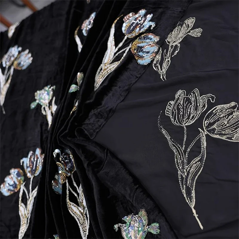 135cm Real Silk Velvet Jacquard Fabric Tulip Heavy Industry Bead Embroidery Brand Dress Designer Mulberry Silk Fabric Costura