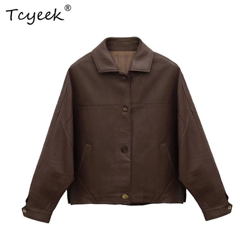 Tcyeek Schaffell Frühling Herbst High End Square Neck Braun Kaffee Fledermaus Ärmel Kurze frauen Aus Echtem Leder Jacke Jaqueta Couro