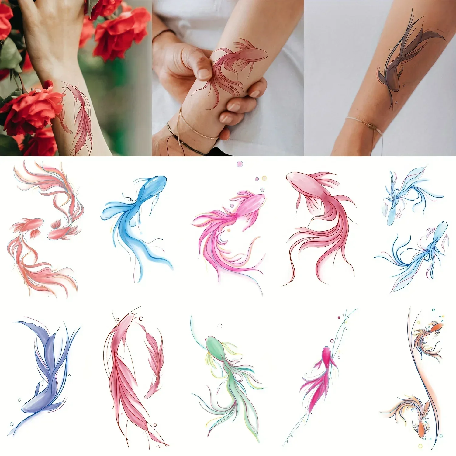10 pçs/lote tatuagens temporárias adesivos peixinho koi carpa realista pequeno bonito transferência falsa tattoss para crianças mulheres pulso mão pescoço