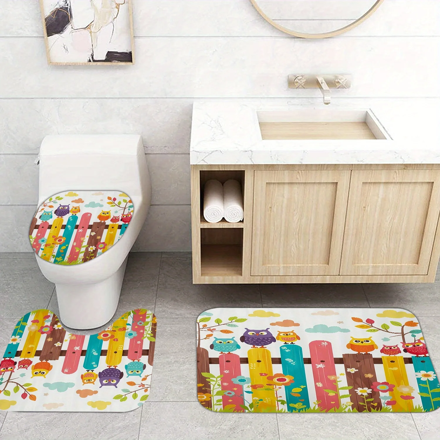 

3шт. ​ ​ Набор ковриков для ванной с деревенской совой — нескользящий коврик для фермерского дома и чехол для причудливого декора ванной комнаты и подвески Woodsy Charm ​