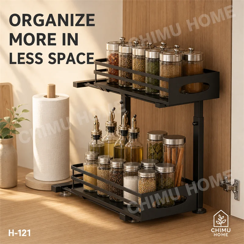 🌱【CHIMU HOME】Adjustable 2-Tier Pull-Out Under Sink Organizer Sliding Kitchen Storage Rack