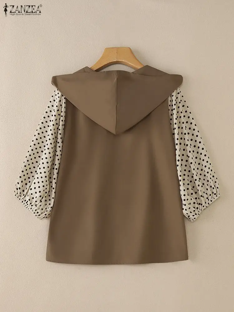 女性ファッションフード付きブラウス秋水玉プリントパッチワーク 3/4 ランタンスリーブカジュアルルーズトップス ZANZEA 女性服 S-3XL