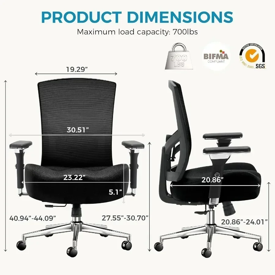 Big and Tall Office Chair 700lbs with Ergonomic W Wide Thick Seat Cushion, Oversized Mesh Desk Chair with Adjustable Lumbar Sup