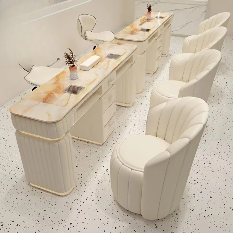 Luxury Marble Top Double Manicure Table Set With Lights, Dust Collector & Storage For Nail Salon Workstation