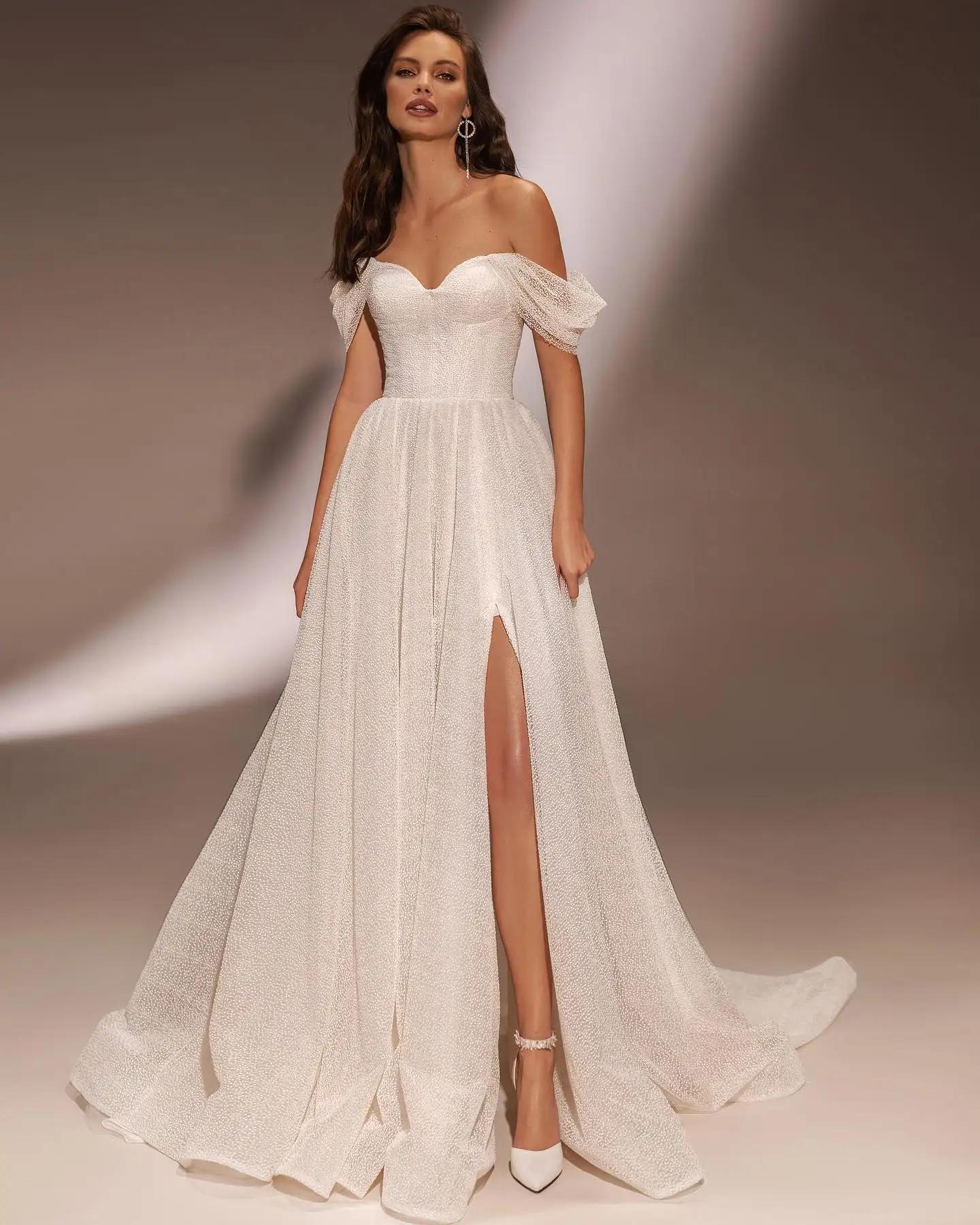 

KOYOUN Modern Sweetheart Wedding Dresses for Women with High Split Off Shoulder A Line Bridal Dress