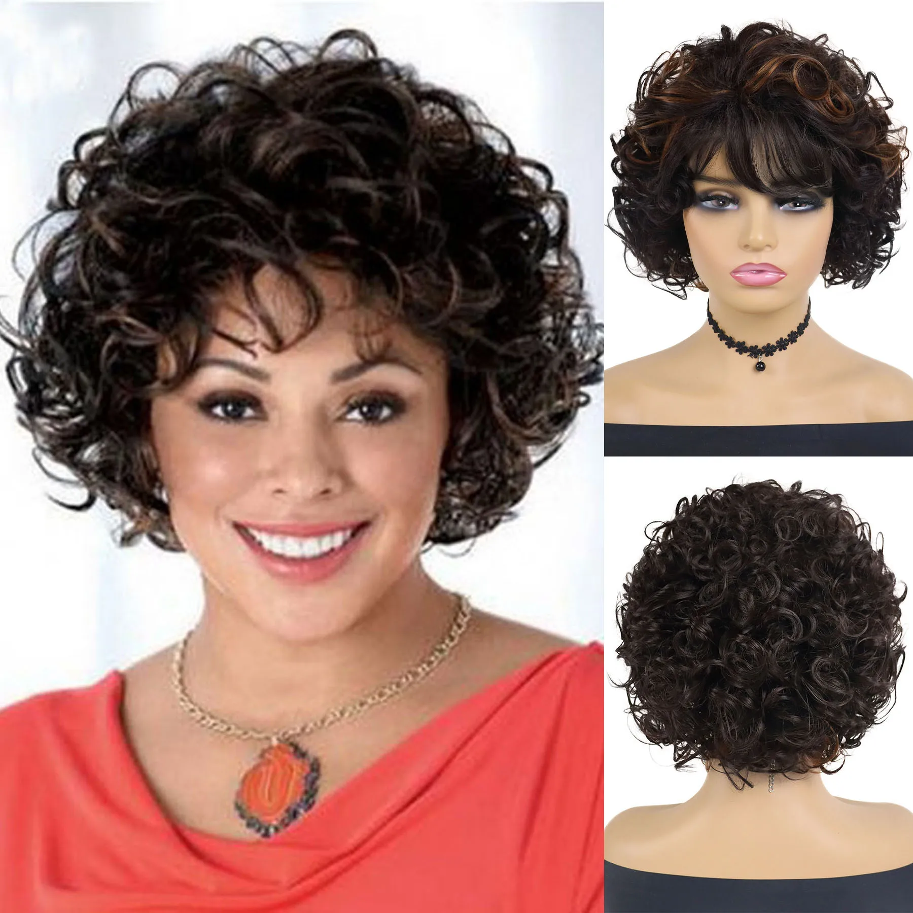 

Short Loose Curly Hair Synthetic Wigs for Women Mixed Brown Afro Curls Wig with Bangs Heat Resistant Daily Costume Mommy Wig