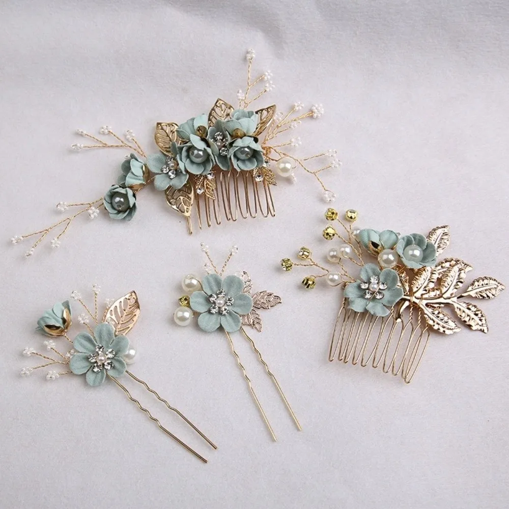 4pcs Tiaras Artificial Flower Bridal Hair Combs Pearl Comb Handmade Wedding Hair Decorative Sweet Headdress Bridal Wedding image 2